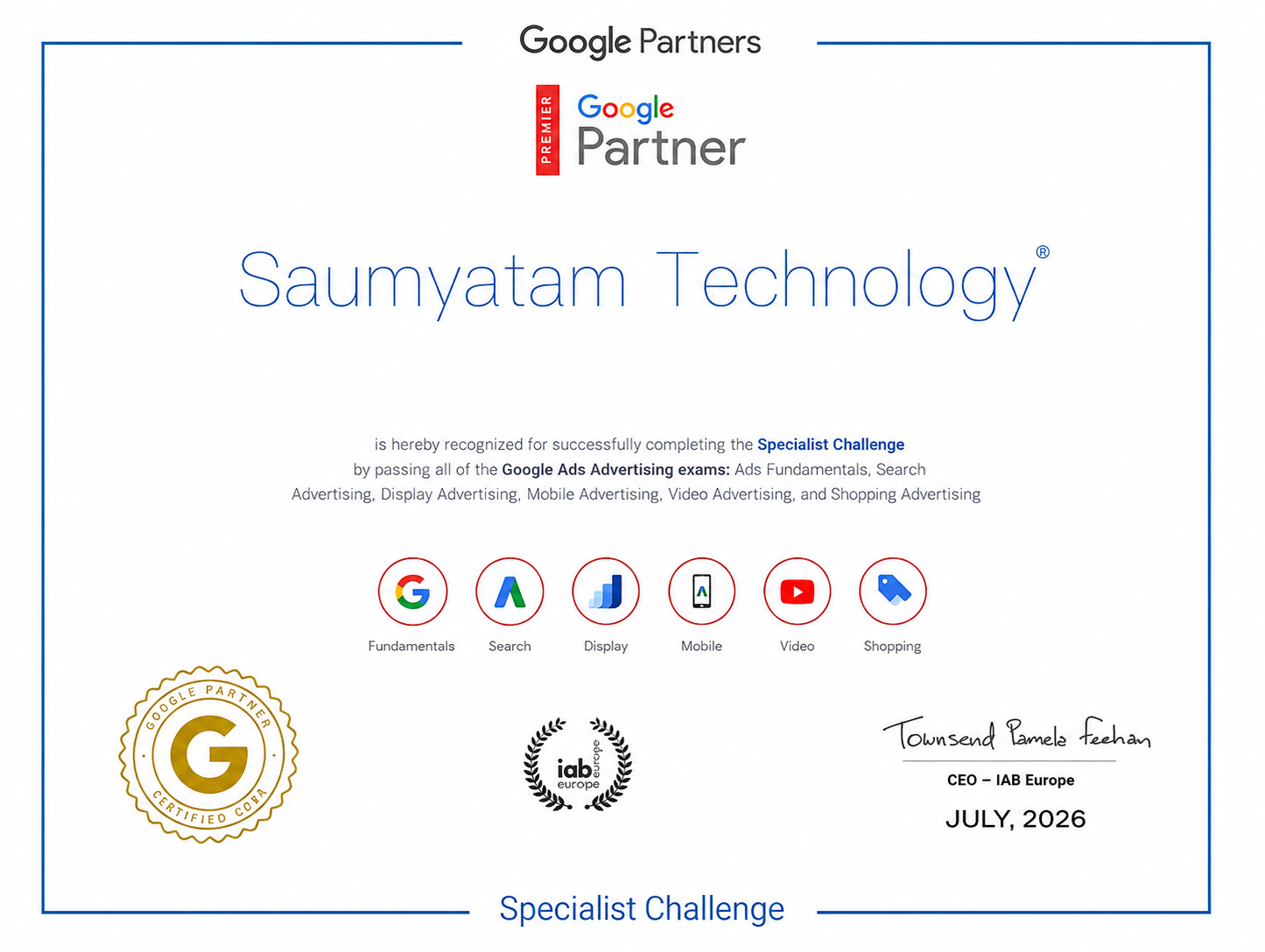 Google Partner certificate awarded to Saumyatam Technology, the team behind BuiltByAP
